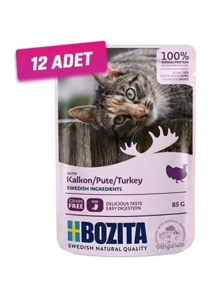 12 Adet - Bozita Pouch Hindi Etli Tahılsız Yetişkin Kedi Konservesi 85 gr