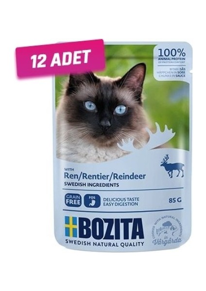 12 Adet - Bozita Pouch Ren Geyiği Etli Tahılsız Yetişkin Kedi Konservesi 85 gr