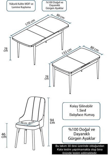 Concept Mdf Are Serisi 80 x 132 cm Açılabilir Üst Kalite Yemek Mutfak Masası Takımı 6 Sandalyeli