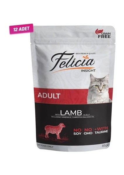 12 Adet - Felicia Tahılsız Kuzu Etli Pouch Yetişkin Kedi Konservesi 85 gr