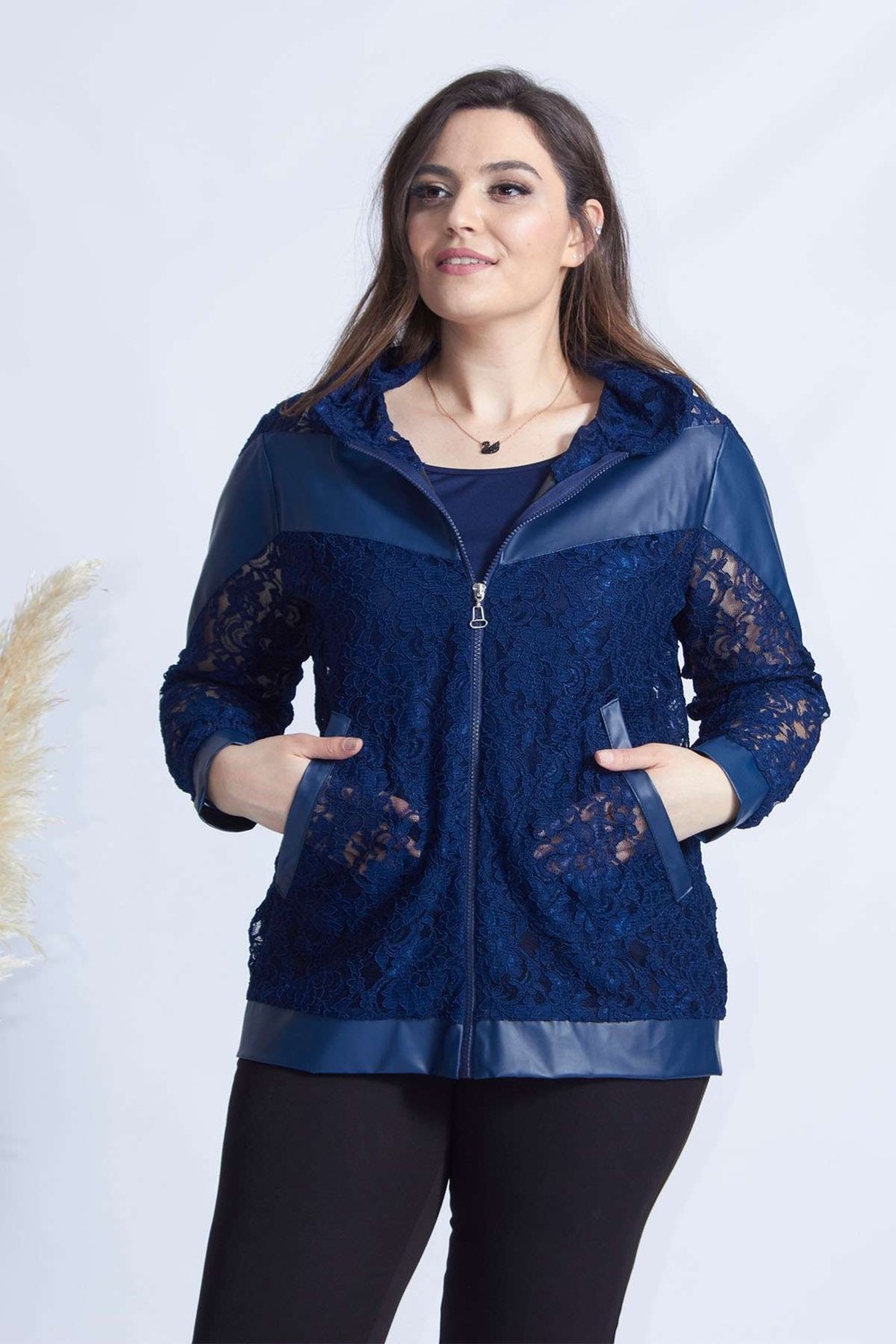 Moda Berray 4031 Lacivert Fermuarlı Derili Kombin Dantel Büyük Beden Ceket görsel 2