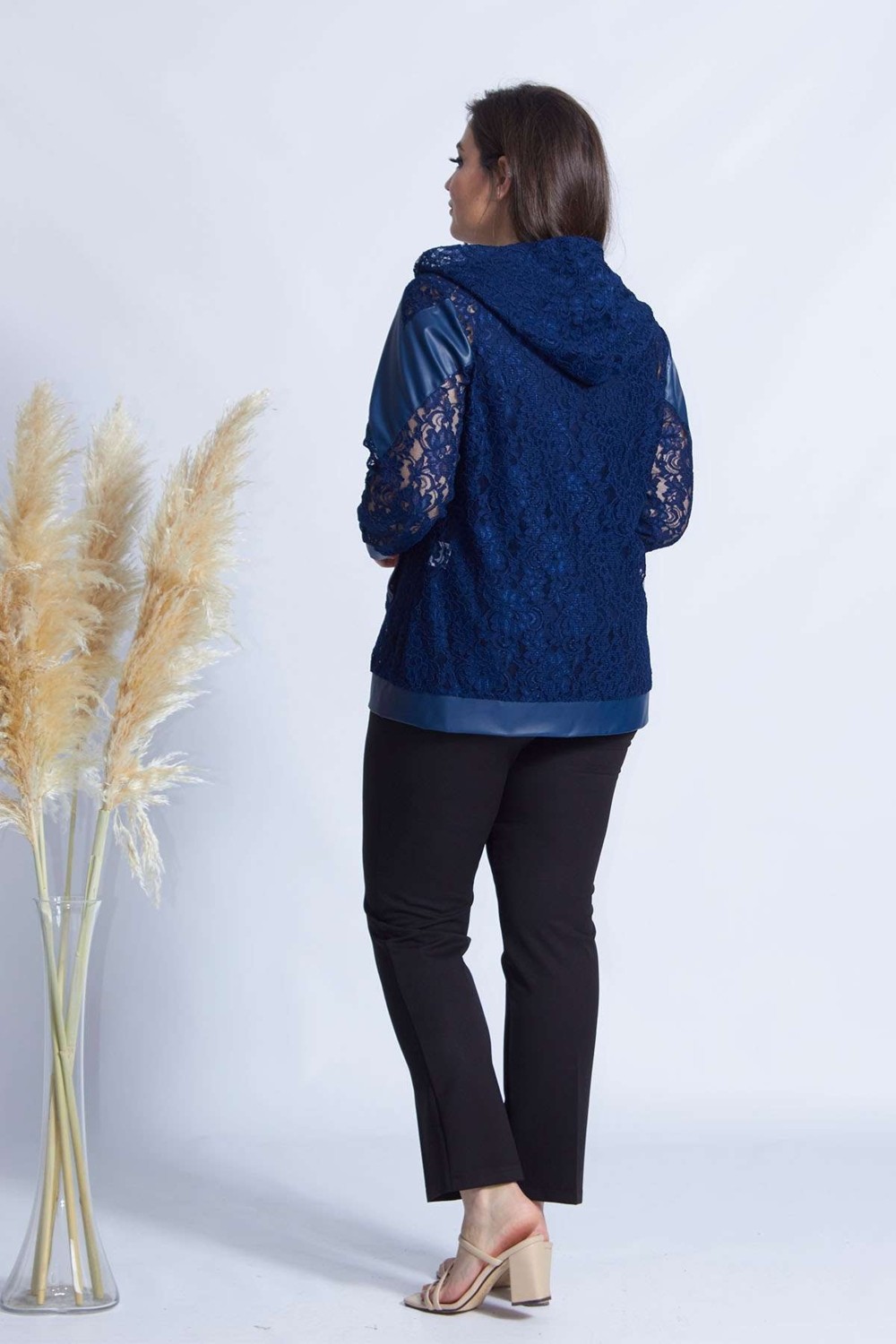 Moda Berray 4031 Lacivert Fermuarlı Derili Kombin Dantel Büyük Beden Ceket görsel 4