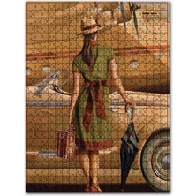Cakapuzzle Yeşil Elbiseli Kadın Araba ve Uçak 120 Parça Puzzle Yapboz Mdf (Ahşap)