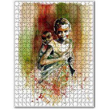 Cakapuzzle Afrikalı Kız ve Sırtında Kardeşi Suluboya Efekt 120 Parça Puzzle Yapboz Mdf (Ahşap)