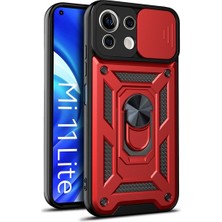 Case 4U Xiaomi Mi 11 Lite Kılıf Kamera Korumalı Sürgülü Vega Yüzüklü Armor Military Tank Zırh Kırmızı