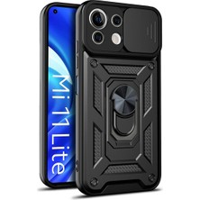 Case 4U Xiaomi Mi 11 Lite Kılıf Kamera Korumalı Sürgülü Vega Yüzüklü Armor Military Tank Zırh Siyah