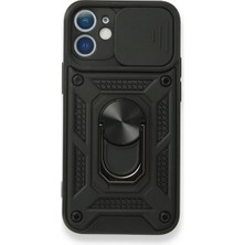 Case 4U Apple iPhone 12 Kılıf Kamera Korumalı Sürgülü Vega Yüzüklü Armor Military Tank Zırh Siyah