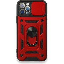 Case 4U Apple iPhone 12 Pro Max Kılıf Kamera Korumalı Sürgülü Vega Yüzüklü Armor Military Tank Zırh Kırmızı