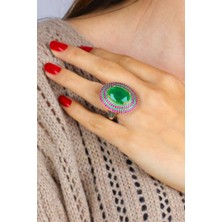 Midyat Nurtaş Gümüş Zümrüt Taşlı Elips Otantik Gümüş Yüzük