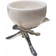 Arpe Dekor Bambu Gümüş Pirinç Ayaklı Beyaz Mermer Kase 12 cm