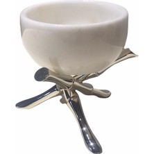 Arpe Dekor Bambu Gümüş Pirinç Ayaklı Beyaz Mermer Kase 12 cm