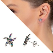 DAVİD BLACK Multicolor Zirkon Taşlı Deniz Yıldızı Tasarım 925 Ayar Gümüş Kadın Küpe
