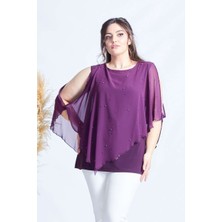 Moda Berray 4050 Mürdüm  Taşlı Pelerinli Şifon Büyük Beden Şık Bluz