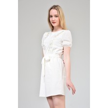 My Elif Tekstil Ekru Nakışlı Kuşaklı Elbise