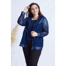 Moda Berray 4031 Lacivert Fermuarlı Derili Kombin Dantel Büyük Beden Ceket