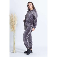 Moda Berray 1927 Gri Tam Kalıp Tarz Kapşonlu Kadife Büyük Beden Eşofman Takımı