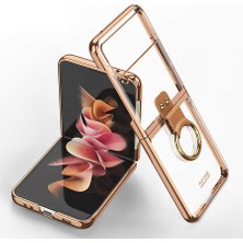 Smcase Samsung Galaxy Z Flip 3 Kılıf Şeffaf Kenar Renkli Ring Gold