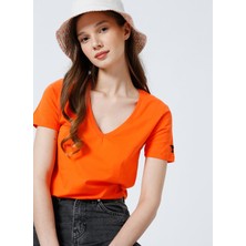 Fabrika Teyo V Yaka Basic Düz Turuncu Kadın T-Shirt