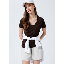 Fabrika V Yaka Düz Kahve Kadın T-Shirt TEYO