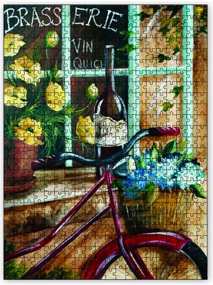 Cakapuzzle Birahane Önünde Bisiklet Şarap Şişesi 120 Parça Puzzle Yapboz Mdf (Ahşap)
