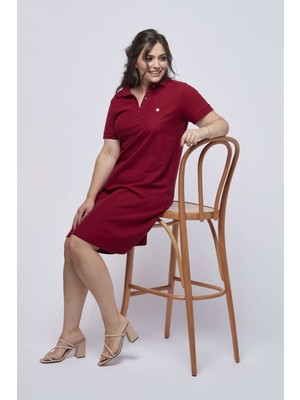 Moda Berray 3010 Bordo Günlük Tarz Lacoste Kumaş Büyük Beden Elbise