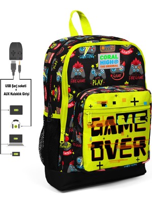 Coral High Kids Dört Bölmeli Siyah Fosforlu Sarı Ilkokul Çantası USB Şarjlı Kulaklık Çıkışlı 23828