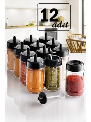 Adissa 12 Adet Kapağı Kendinden Kaşıklı Baharatlık Seti - 300 ml Cam Kavanoz