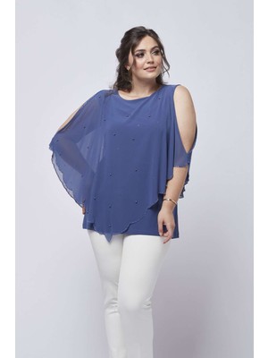 Moda Berray 4050 Indigo Taşlı Pelerinli Şifon Büyük Beden Şık Bluz