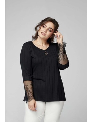 Moda Berray 1954 Siyah Kol Ucu Dantelli Şık Esnek Büyük Beden Triko Bluz