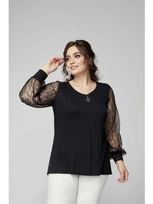 Moda Berray 1952 Siyah Kolu Dantelli Şık Esnek Büyük Beden Triko Bluz