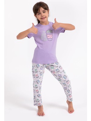 Arnetta Eat Sleep Coffee Repeat Lila Kız Çocuk Pijama Takımı