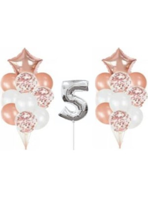 Bal10 Dünyası Gümüş 5 Yaş Rose Gold Konfetili Şeffaf Balon Seti