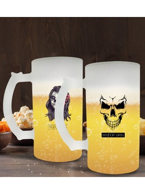 Kişiye Özel Erkek ve Kadın Kurukafa Tasarımlı 2’li Buzlu Cam Bira Bardağı 50CL-1