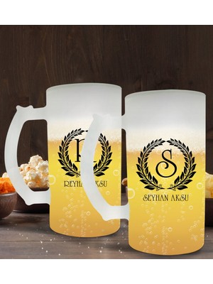 BK Kişiye Özel Çelenk Baş Harfli Isimli 2’li Buzlu Cam Bira Bardağı 50CL-6