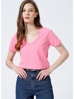 Fabrika V Yaka Düz Açık Pembe Kadın T-Shirt TEYO