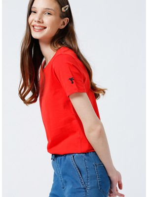 Fabrika Bisiklet Yaka Düz Kırmızı Kadın T-Shirt TENGIZ