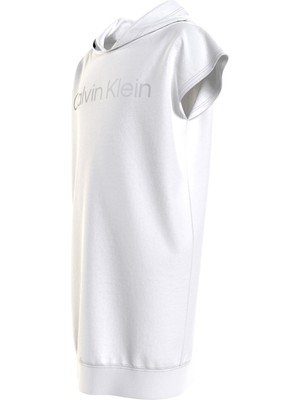 Calvin Klein IG0IG01421-INST Silver Logo Hoodie Kayık Yaka Rahat Kalıp Düz Beyaz Kız Çocuk Elbise