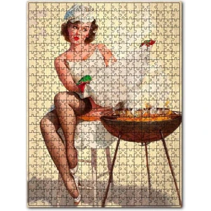 Barbekü Sıcaklığından Korunan Kadın Görseli 120 Parça Puzzle Yapboz Mdf (Ahşap)