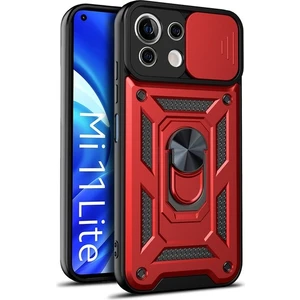 Case 4U Xiaomi Mi 11 Lite Kılıf Kamera Korumalı Sürgülü Vega Yüzüklü Armor Military Tank Zırh Kırmızı