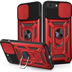 Case 4U Apple iPhone SE 2022 / SE 2020 / iPhone 8 / iPhone 7 Kılıf Kamera Korumalı Sürgülü Vega Yüzüklü Armor Military Tank Zırh Kırmızı