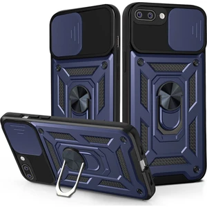 Case 4U Apple iPhone 7 Plus / 8 Plus Kılıf Kamera Korumalı Sürgülü Vega Yüzüklü Armor Military Tank Zırh Lacivert