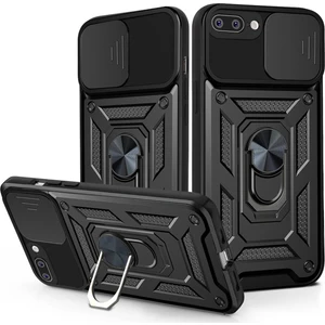 Case 4U Apple iPhone SE 2022 / SE 2020 / iPhone 8 / iPhone 7 Kılıf Kamera Korumalı Sürgülü Vega Yüzüklü Armor Military Tank Zırh Siyah