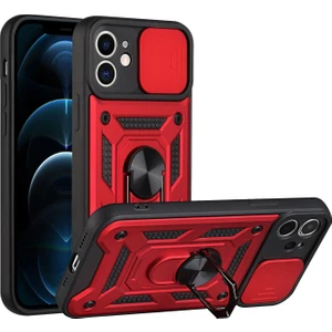 Case 4U Apple iPhone 11 Kılıf Kamera Korumalı Sürgülü Vega Yüzüklü Armor Military Tank Zırh Kırmızı