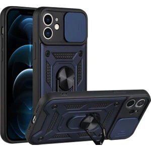 Case 4U Apple iPhone 11 Kılıf Kamera Korumalı Sürgülü Vega Yüzüklü Armor Military Tank Zırh Lacivert