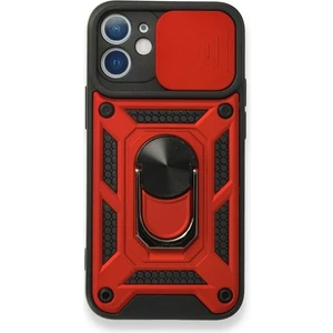 Case 4U Apple iPhone 12 Kılıf Kamera Korumalı Sürgülü Vega Yüzüklü Armor Military Tank Zırh Kırmızı