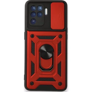 Case 4U Oppo Reno 5 Lite Kılıf Kamera Korumalı Sürgülü Vega Yüzüklü Armor Military Tank Zırh Kırmızı