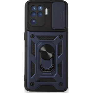 Case 4U Oppo Reno 5 Lite Kılıf Kamera Korumalı Sürgülü Vega Yüzüklü Armor Military Tank Zırh Lacivert