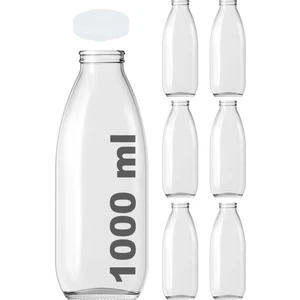 1000 cc Şeffaf Süt, Ayran, Limonata Şişesi Plastik Kapaklı 1000 ml Yuvarlak Cam Şişe 6 Adet