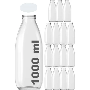 1000 cc Şeffaf Süt, Ayran, Limonata Şişesi Plastik Kapaklı 1000 ml Yuvarlak Cam Şişe 15 Adet