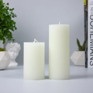 Oluklu Silindir 2'li Mum Seti 10 Cm-15 cm Krem